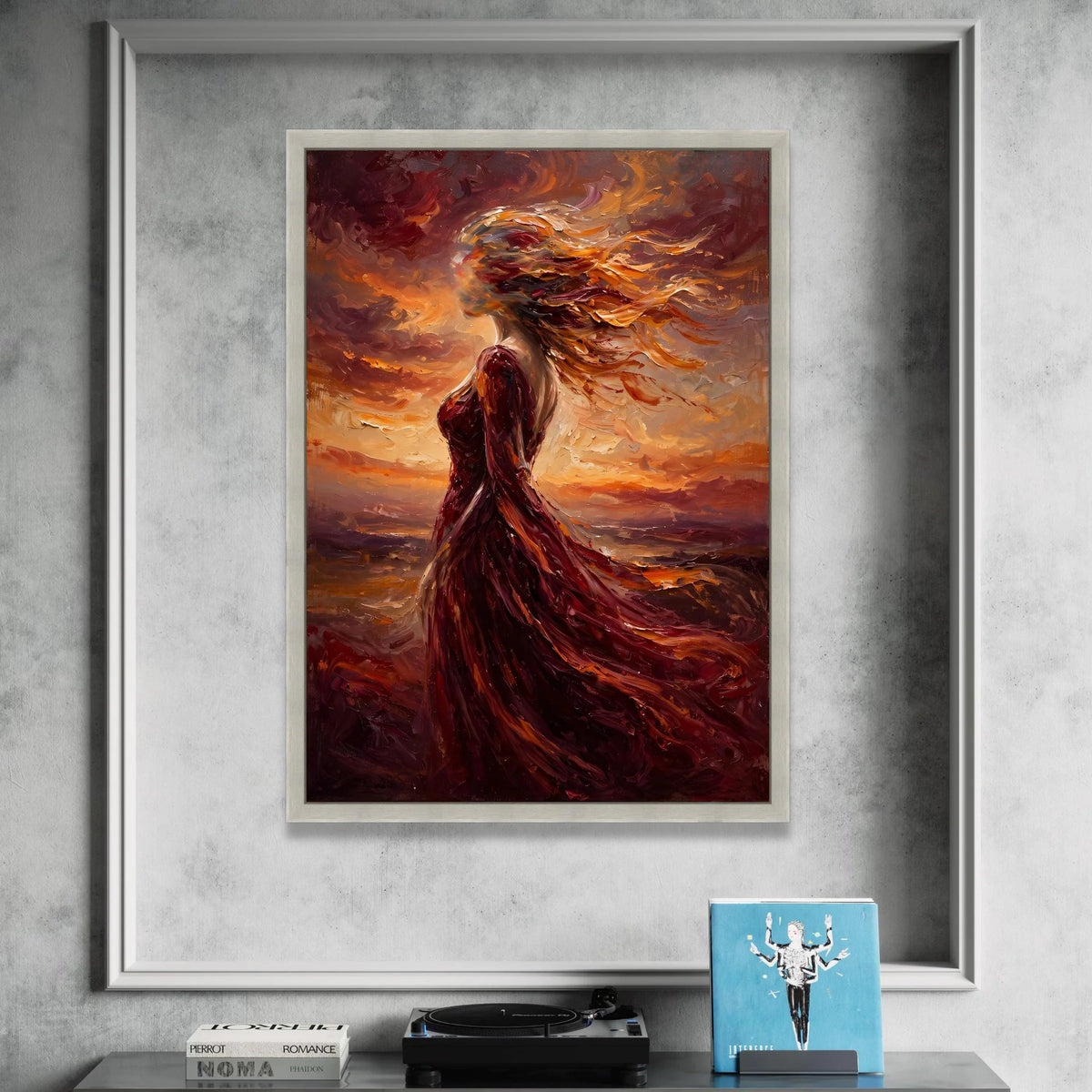 Fiery Woman Silhouette Canvas, Abstract Flowing Dress Wall Art, Vibrant Sunset Colors Decoration, Modern Canvas for Living Canvas Print Art