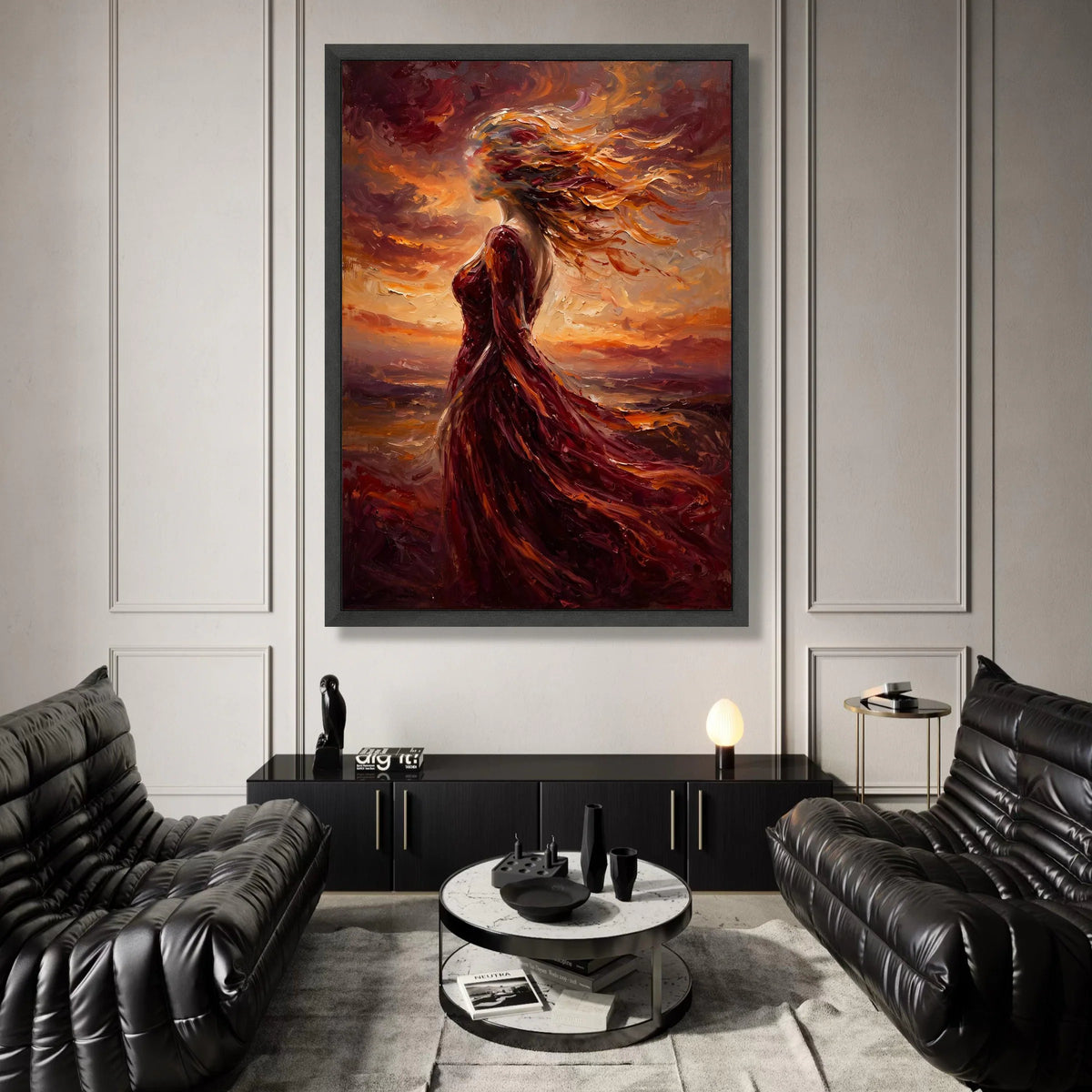 Fiery Woman Silhouette Canvas, Abstract Flowing Dress Wall Art, Vibrant Sunset Colors Decoration, Modern Canvas for Living Canvas Print Art