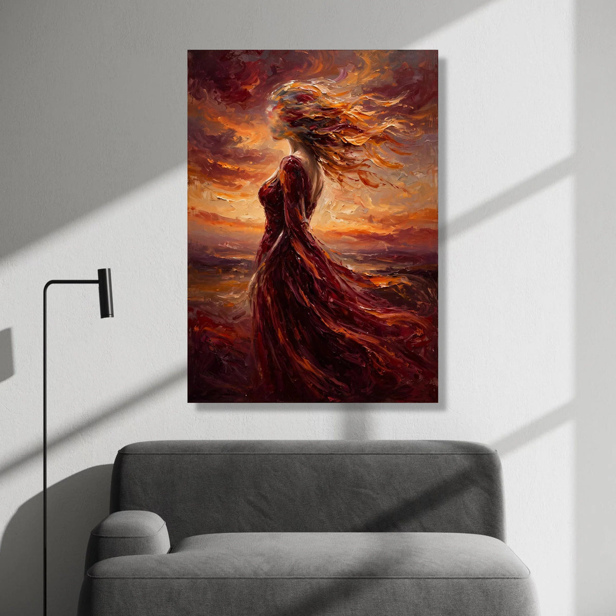 Fiery Woman Silhouette Canvas, Abstract Flowing Dress Wall Art, Vibrant Sunset Colors Decoration, Modern Canvas for Living Canvas Print Art
