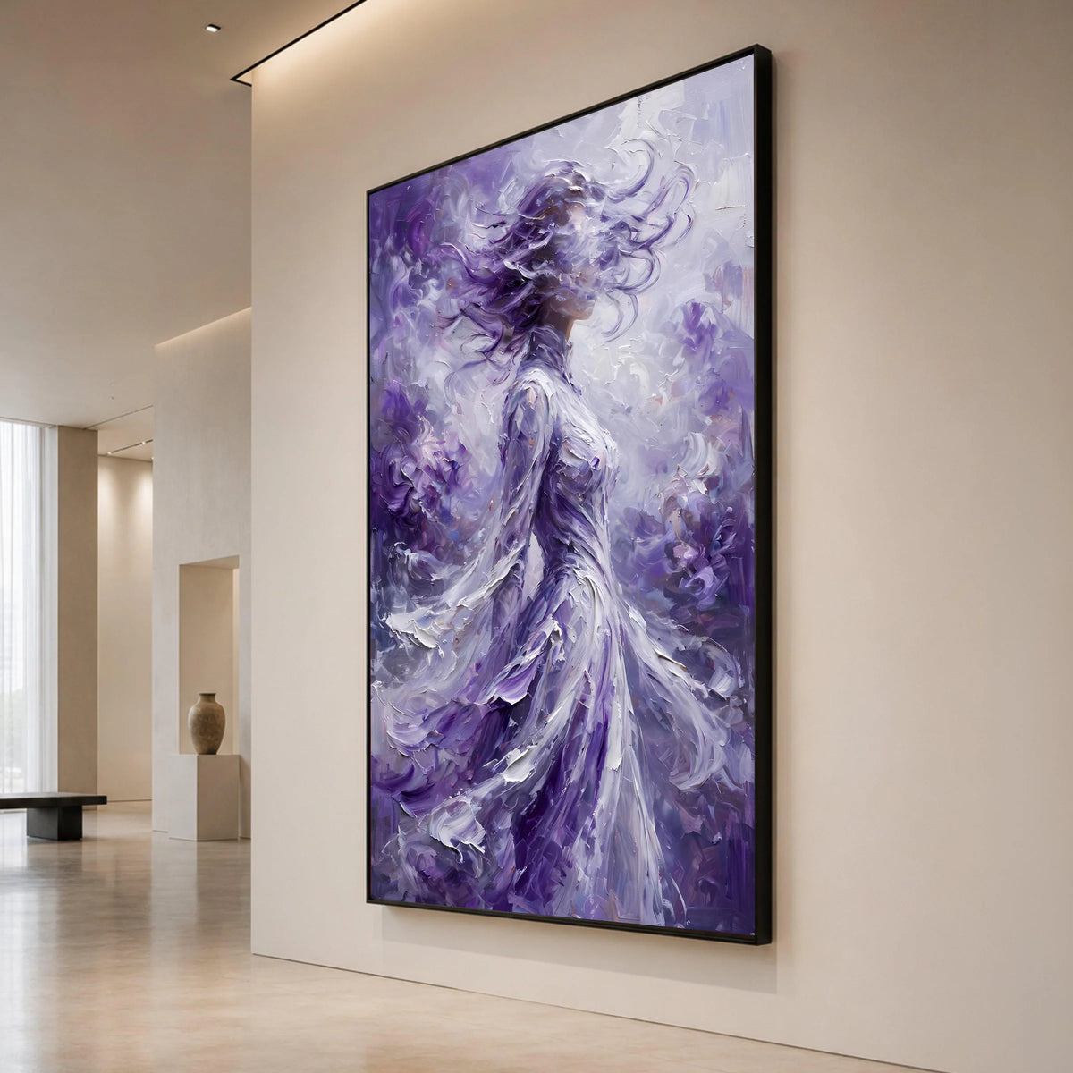 Ethereal Woman Purple Flowing Dress, Abstract Portrait Canvas, Mystical Modern Wall Art, Elegant Home Decoration, Dreamy Canvas Print Art