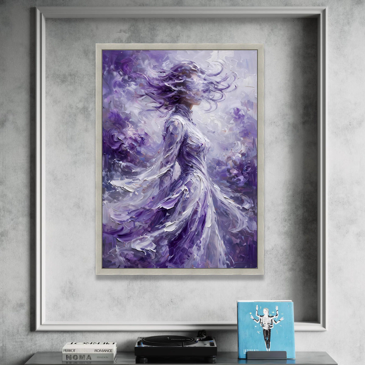 Ethereal Woman Purple Flowing Dress, Abstract Portrait Canvas, Mystical Modern Wall Art, Elegant Home Decoration, Dreamy Canvas Print Art