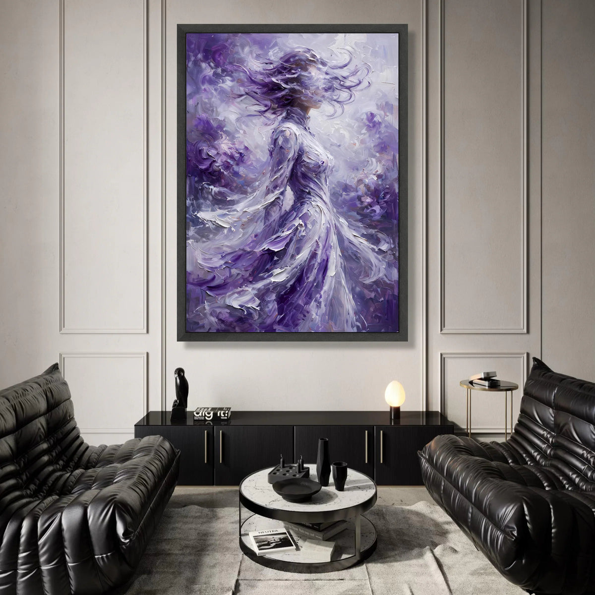 Ethereal Woman Purple Flowing Dress, Abstract Portrait Canvas, Mystical Modern Wall Art, Elegant Home Decoration, Dreamy Canvas Print Art