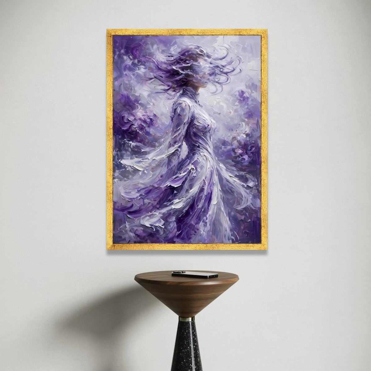 Ethereal Woman Purple Flowing Dress, Abstract Portrait Canvas, Mystical Modern Wall Art, Elegant Home Decoration, Dreamy Canvas Print Art