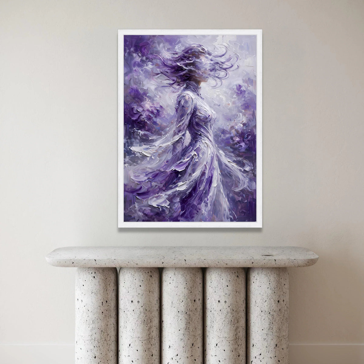 Ethereal Woman Purple Flowing Dress, Abstract Portrait Canvas, Mystical Modern Wall Art, Elegant Home Decoration, Dreamy Canvas Print Art