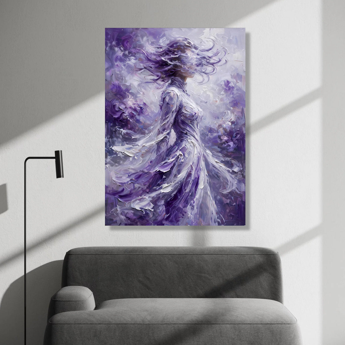 Ethereal Woman Purple Flowing Dress, Abstract Portrait Canvas, Mystical Modern Wall Art, Elegant Home Decoration, Dreamy Canvas Print Art