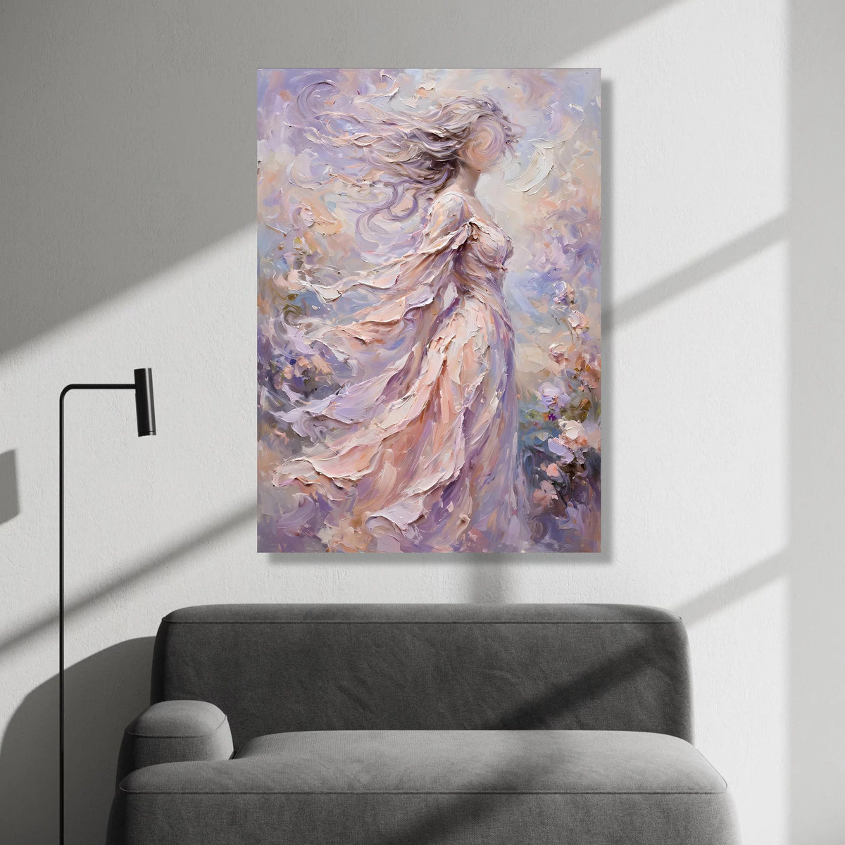 Ethereal Woman with Flowing Hair Canvas, Abstract Feminine Portrait, Soft Pastel Wall Art, Romantic Home Decor, Dreamy Canvas Print Art