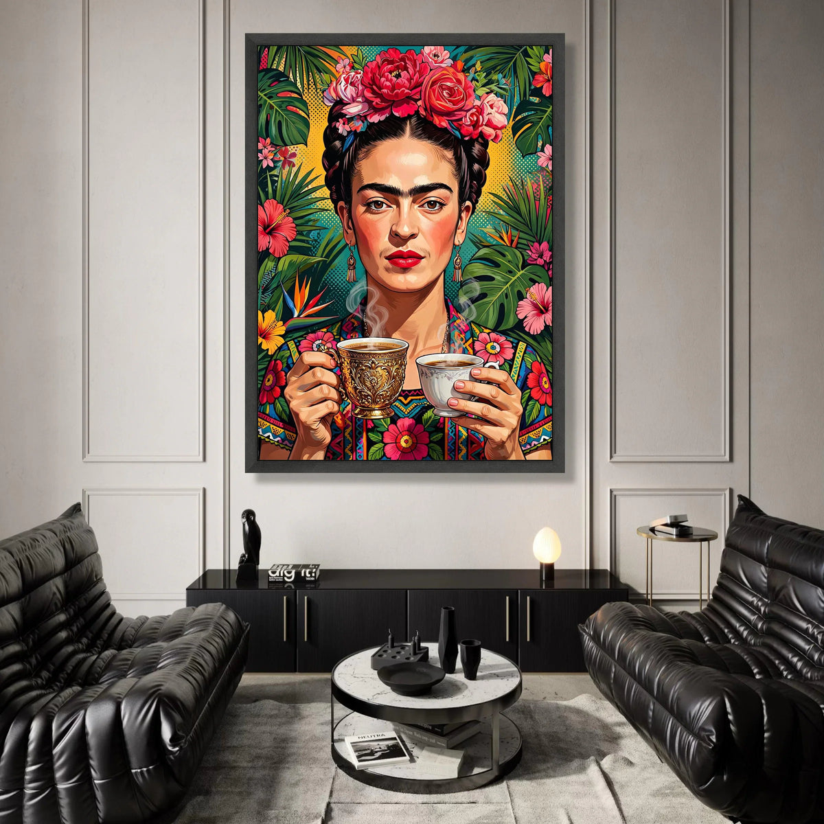 Vibrant Floral Portrait Canvas, Woman with Flower Crown Wall Art, Tropical Leaves Decor, Colorful Ethnic Canvas, Boho Home Canvas Print Art