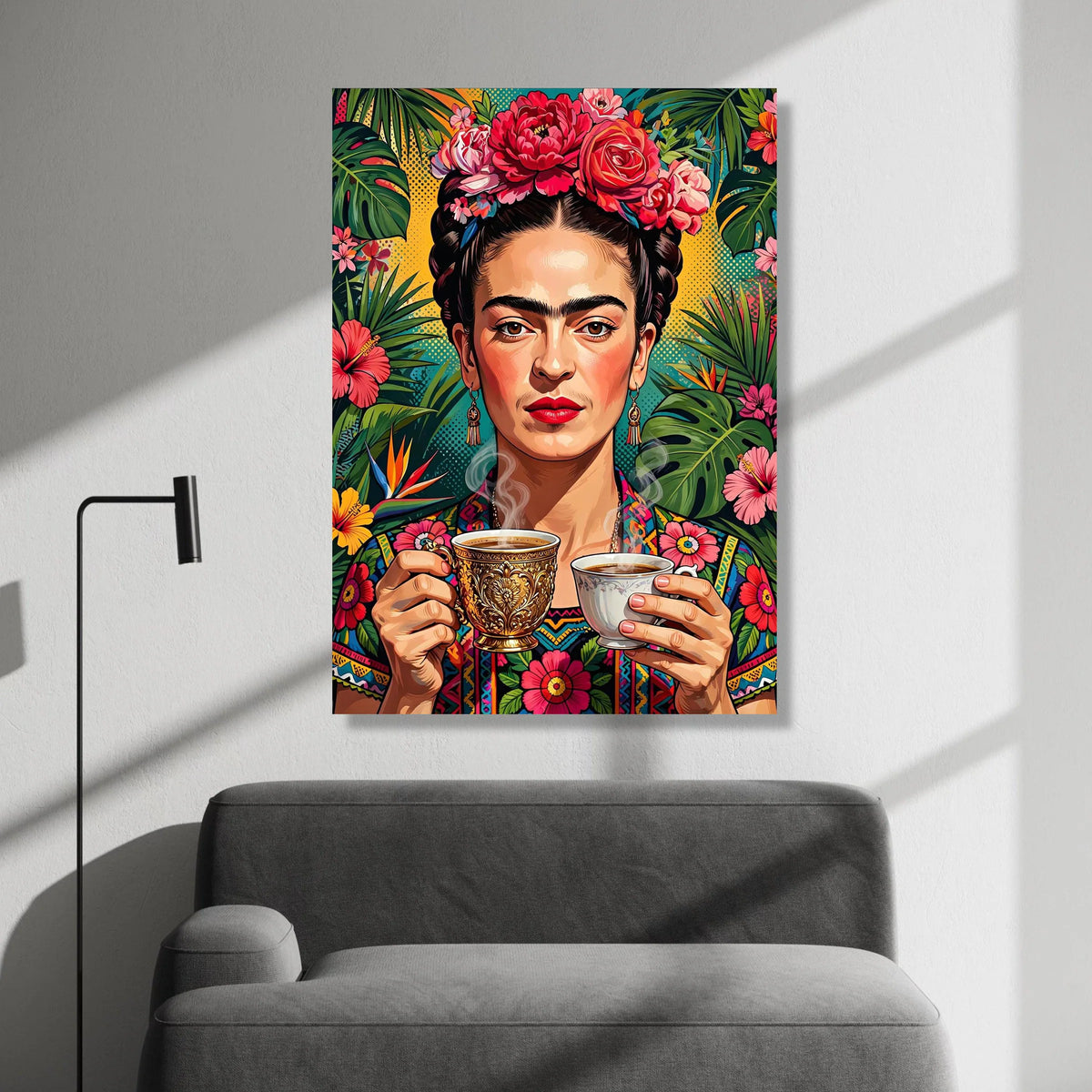 Vibrant Floral Portrait Canvas, Woman with Flower Crown Wall Art, Tropical Leaves Decor, Colorful Ethnic Canvas, Boho Home Canvas Print Art