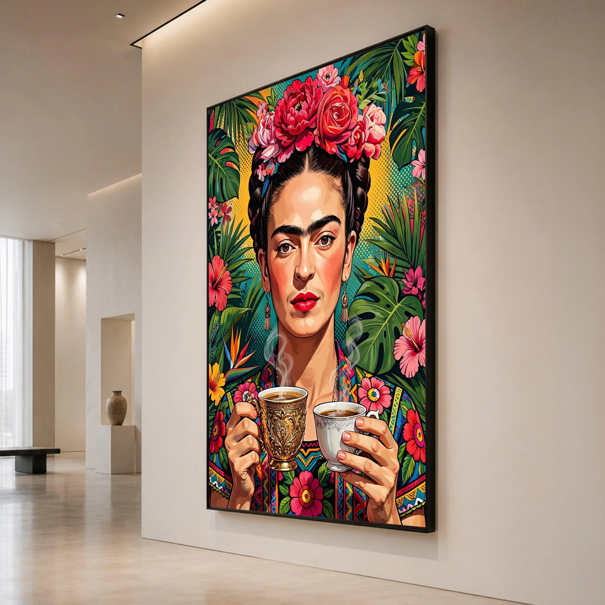 Vibrant Floral Portrait Canvas, Woman with Flower Crown Wall Art, Tropical Leaves Decor, Colorful Ethnic Canvas, Boho Home Canvas Print Art