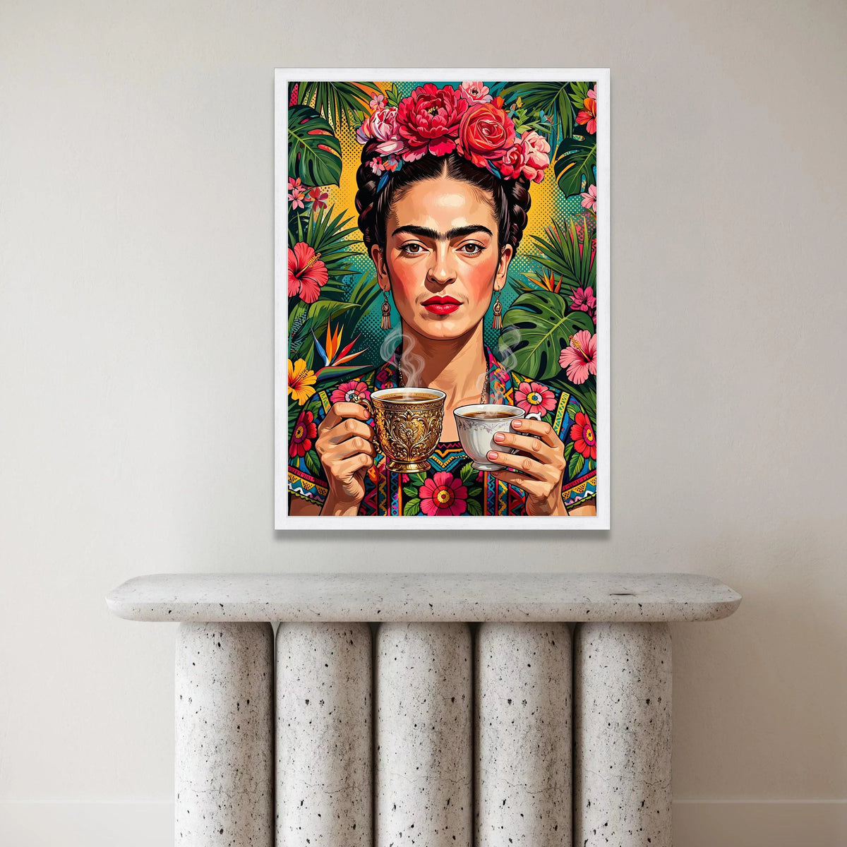 Vibrant Floral Portrait Canvas, Woman with Flower Crown Wall Art, Tropical Leaves Decor, Colorful Ethnic Canvas, Boho Home Canvas Print Art