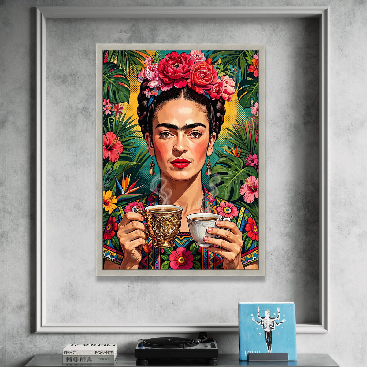 Vibrant Floral Portrait Canvas, Woman with Flower Crown Wall Art, Tropical Leaves Decor, Colorful Ethnic Canvas, Boho Home Canvas Print Art