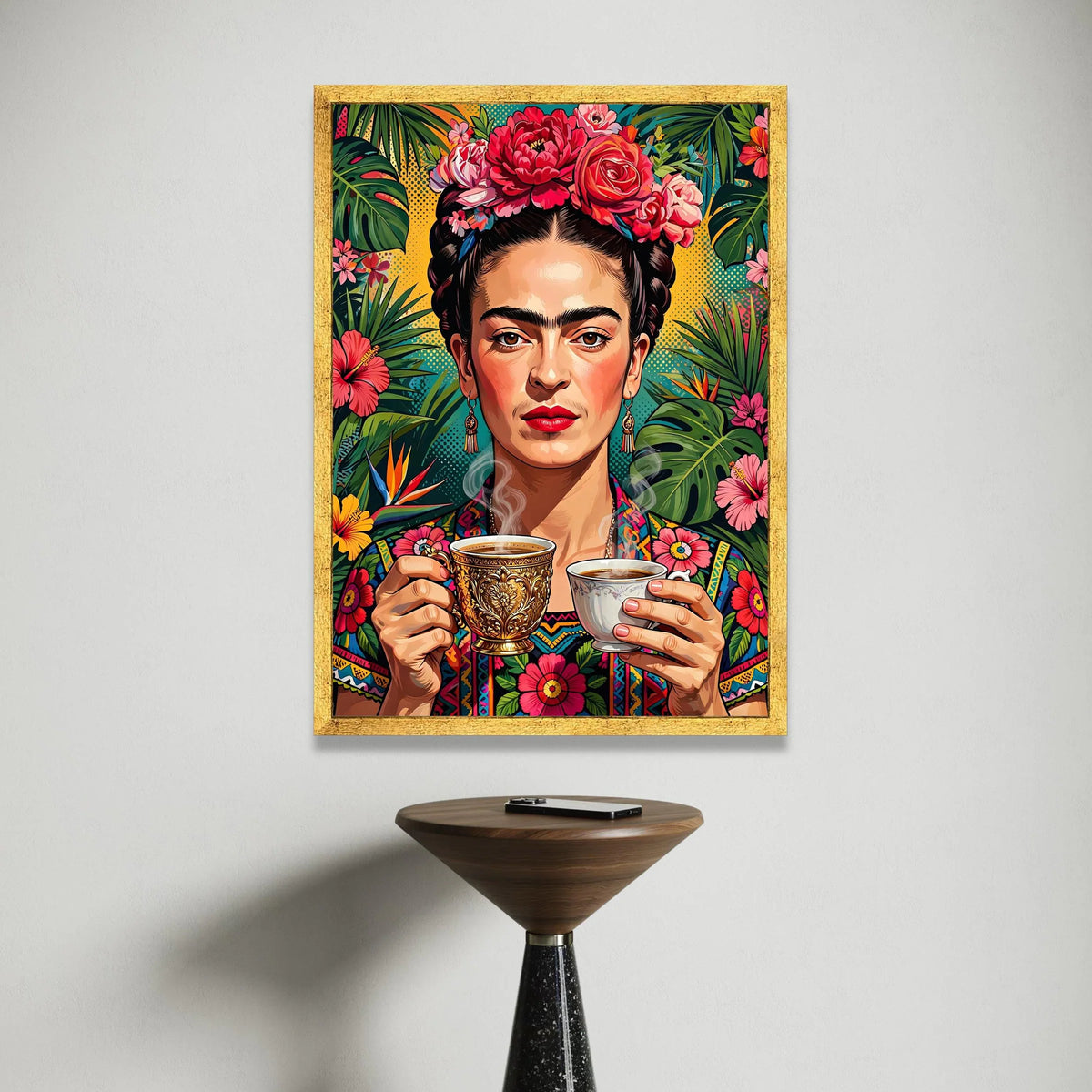 Vibrant Floral Portrait Canvas, Woman with Flower Crown Wall Art, Tropical Leaves Decor, Colorful Ethnic Canvas, Boho Home Canvas Print Art