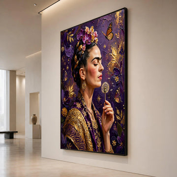 Elegant Woman with Flowers and Butterfly Canvas, Purple and Gold Wall Art, Floral Portrait Canvas, Dandelion Scene, Home Canvas Print Art