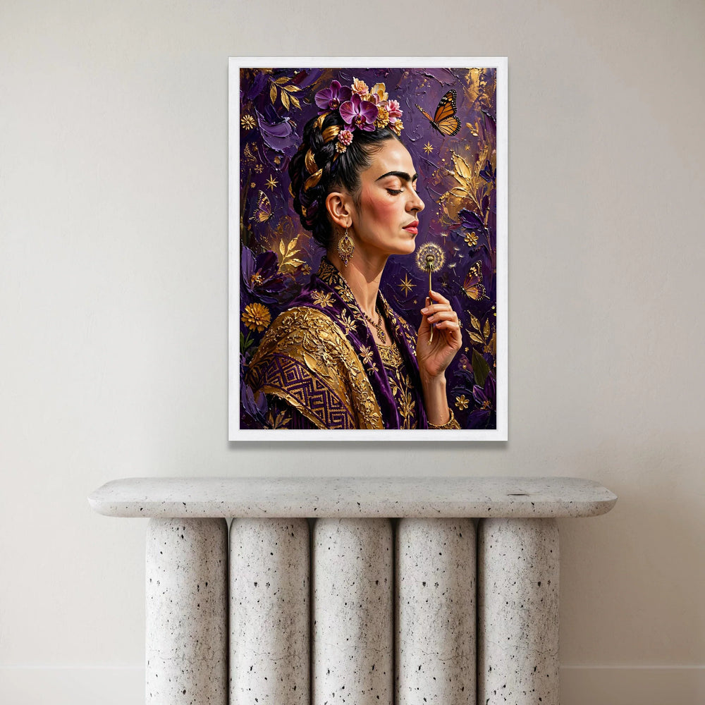 Elegant Woman with Flowers and Butterfly Canvas, Purple and Gold Wall Art, Floral Portrait Canvas, Dandelion Scene, Home Canvas Print Art