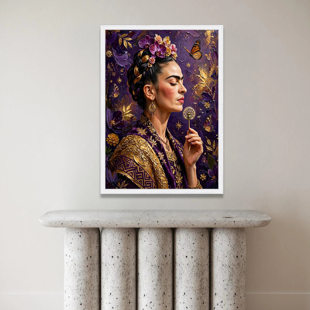 Elegant Woman with Flowers and Butterfly Canvas, Purple and Gold Wall Art, Floral Portrait Canvas, Dandelion Scene, Home Canvas Print Art