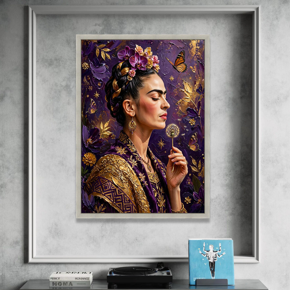 Elegant Woman with Flowers and Butterfly Canvas, Purple and Gold Wall Art, Floral Portrait Canvas, Dandelion Scene, Home Canvas Print Art