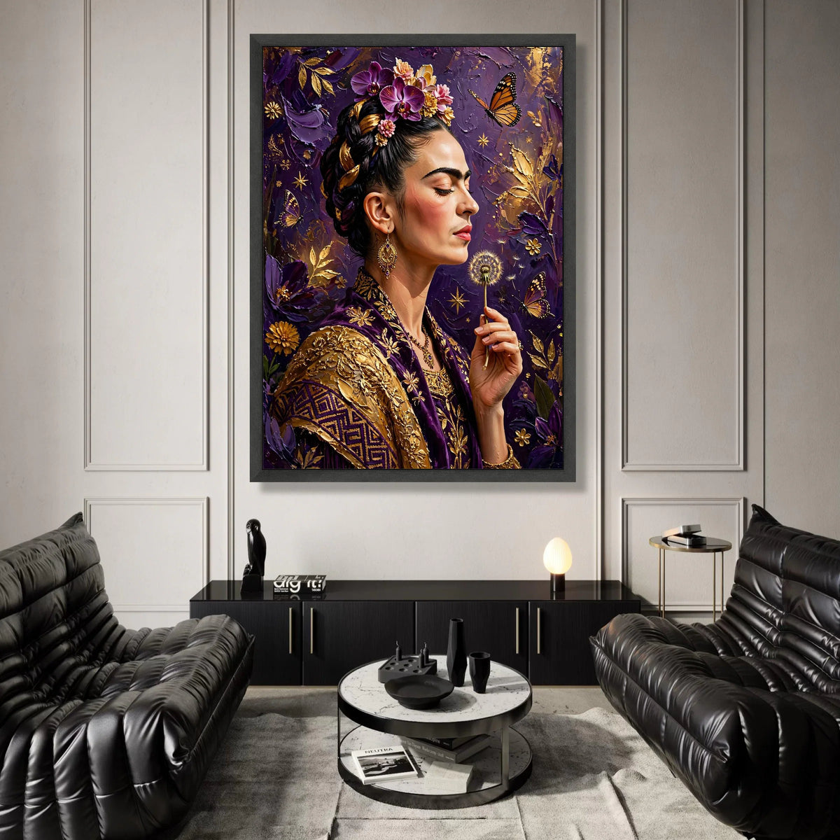 Elegant Woman with Flowers and Butterfly Canvas, Purple and Gold Wall Art, Floral Portrait Canvas, Dandelion Scene, Home Canvas Print Art