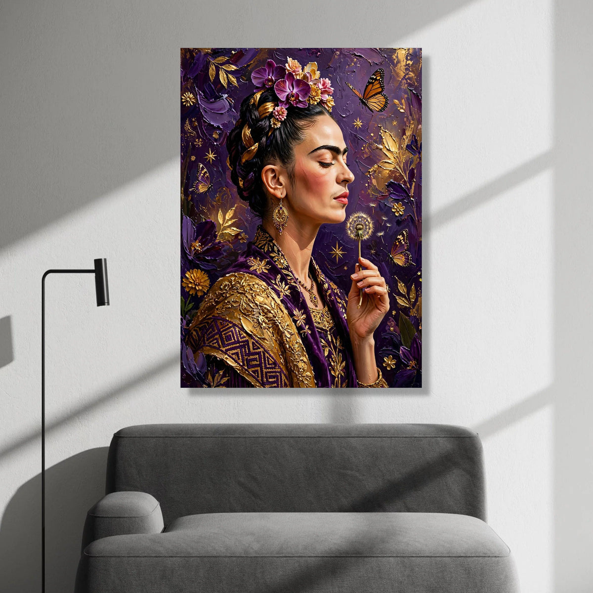 Elegant Woman with Flowers and Butterfly Canvas, Purple and Gold Wall Art, Floral Portrait Canvas, Dandelion Scene, Home Canvas Print Art
