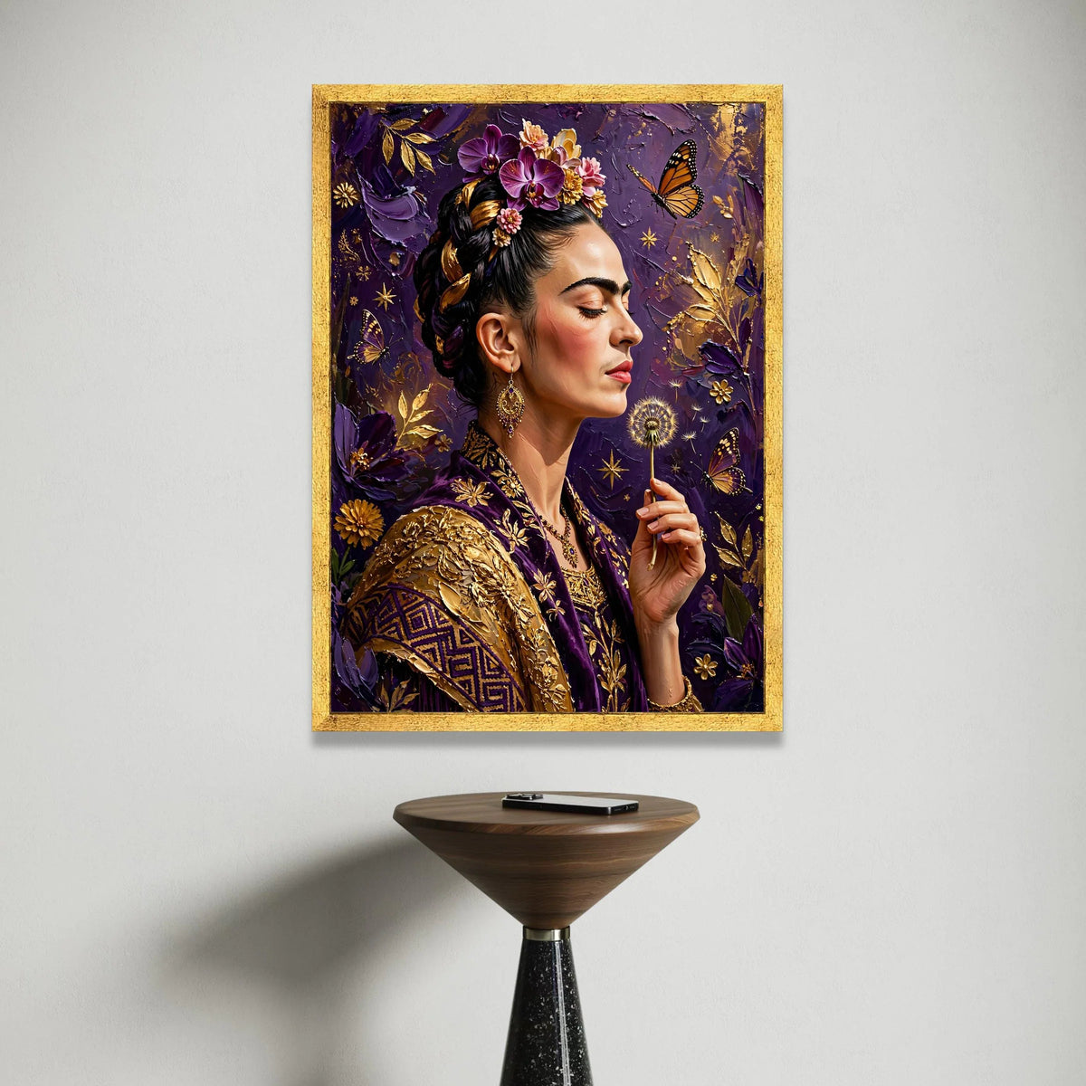Elegant Woman with Flowers and Butterfly Canvas, Purple and Gold Wall Art, Floral Portrait Canvas, Dandelion Scene, Home Canvas Print Art