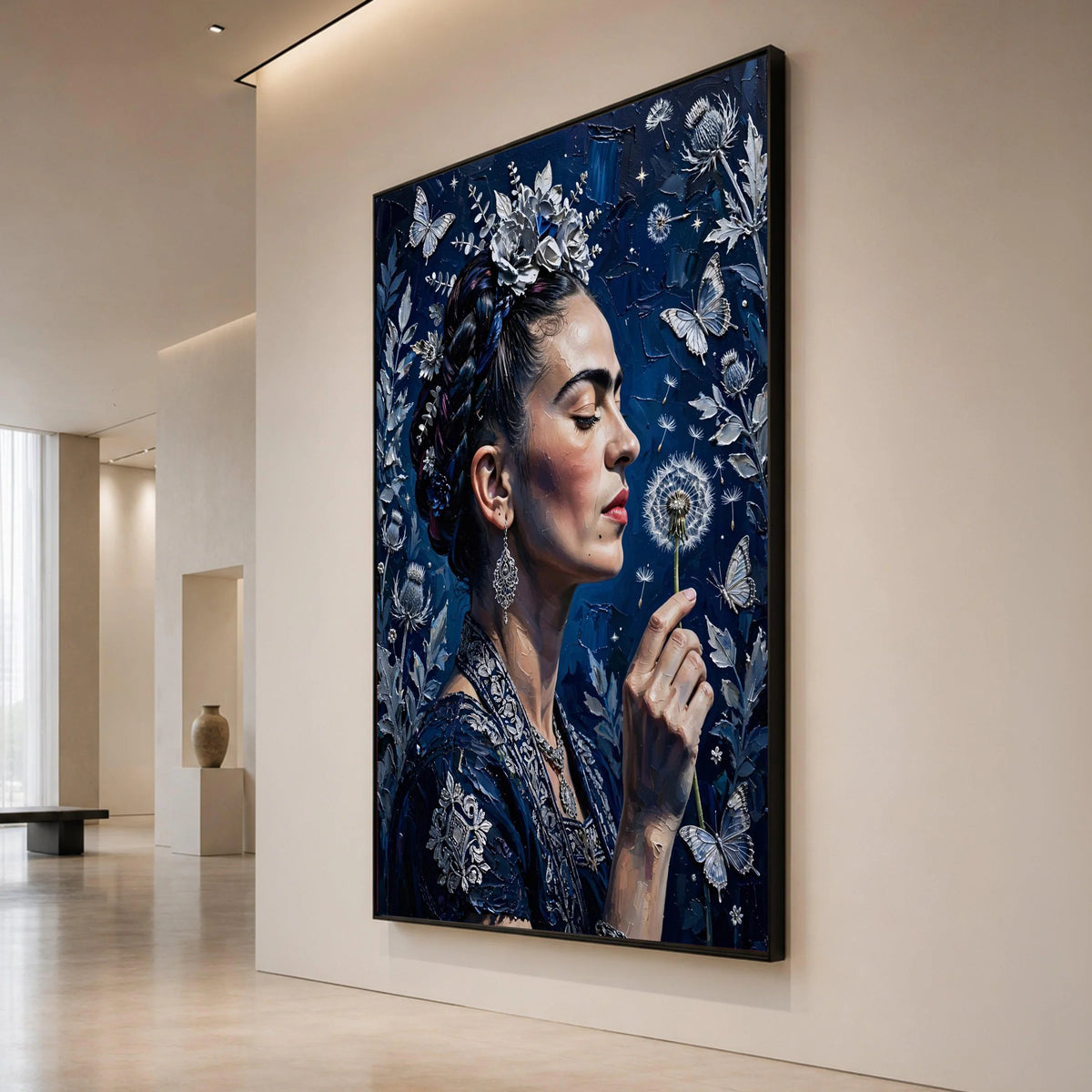Elegant Woman with Floral Crown, Blue Dandelion Canvas, Butterfly and Nature Wall Art, Detailed Portrait Canvas, Home Canvas Print Art