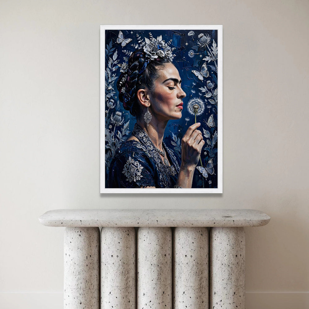 Elegant Woman with Floral Crown, Blue Dandelion Canvas, Butterfly and Nature Wall Art, Detailed Portrait Canvas, Home Canvas Print Art
