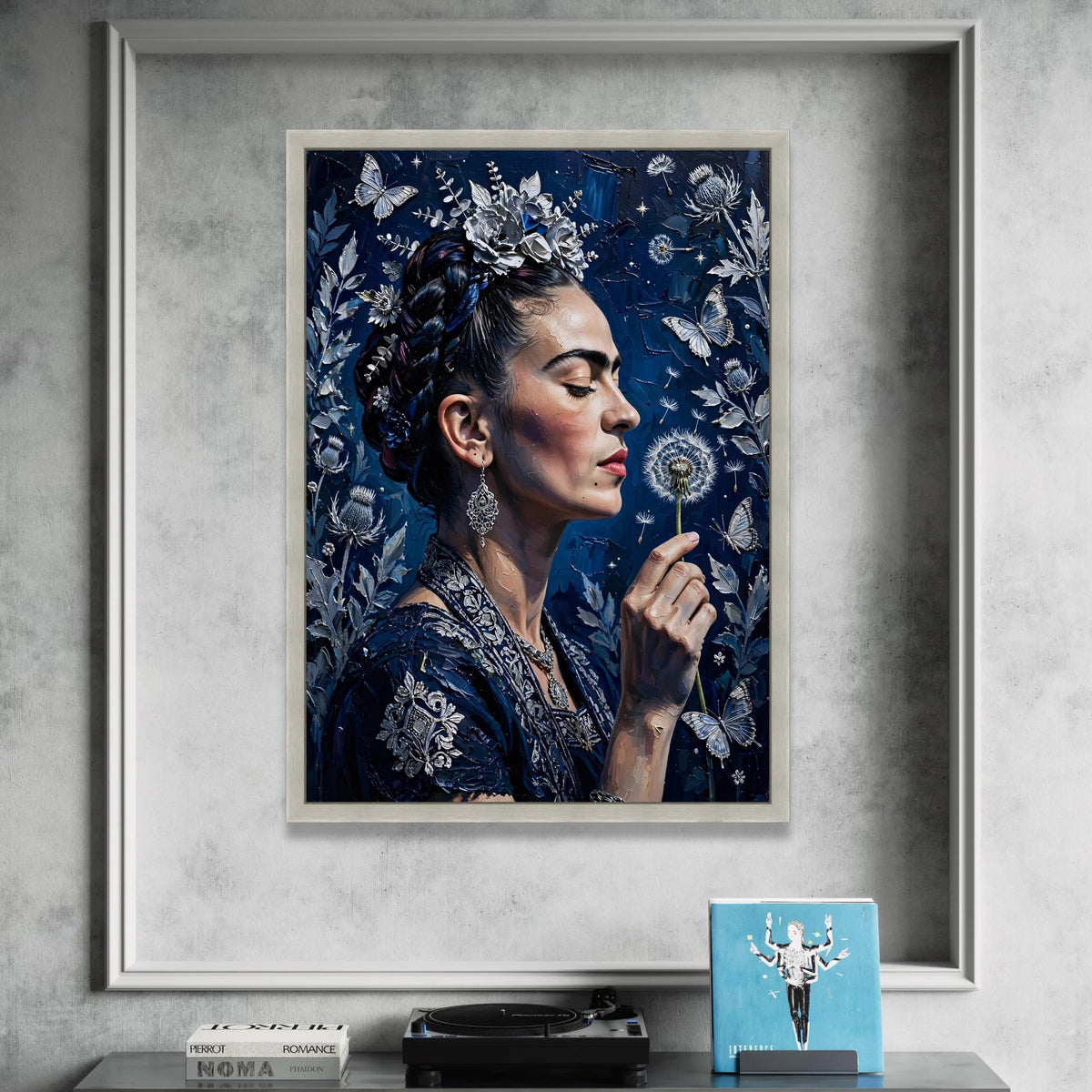 Elegant Woman with Floral Crown, Blue Dandelion Canvas, Butterfly and Nature Wall Art, Detailed Portrait Canvas, Home Canvas Print Art