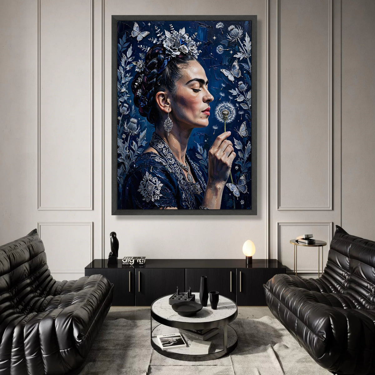 Elegant Woman with Floral Crown, Blue Dandelion Canvas, Butterfly and Nature Wall Art, Detailed Portrait Canvas, Home Canvas Print Art