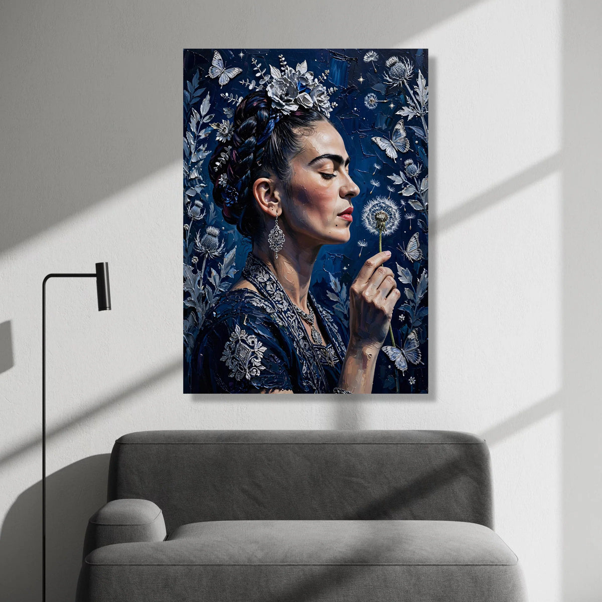Elegant Woman with Floral Crown, Blue Dandelion Canvas, Butterfly and Nature Wall Art, Detailed Portrait Canvas, Home Canvas Print Art