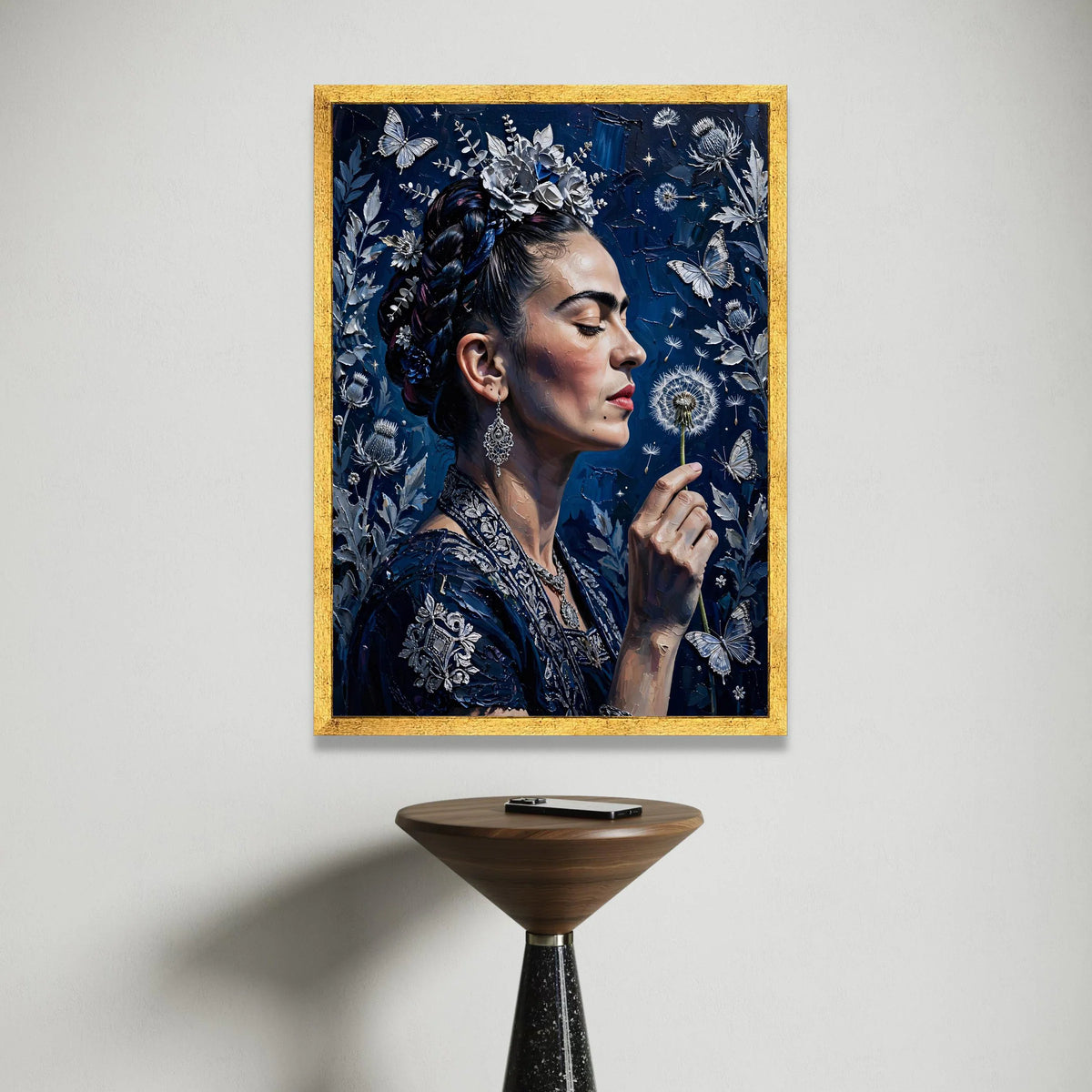 Elegant Woman with Floral Crown, Blue Dandelion Canvas, Butterfly and Nature Wall Art, Detailed Portrait Canvas, Home Canvas Print Art