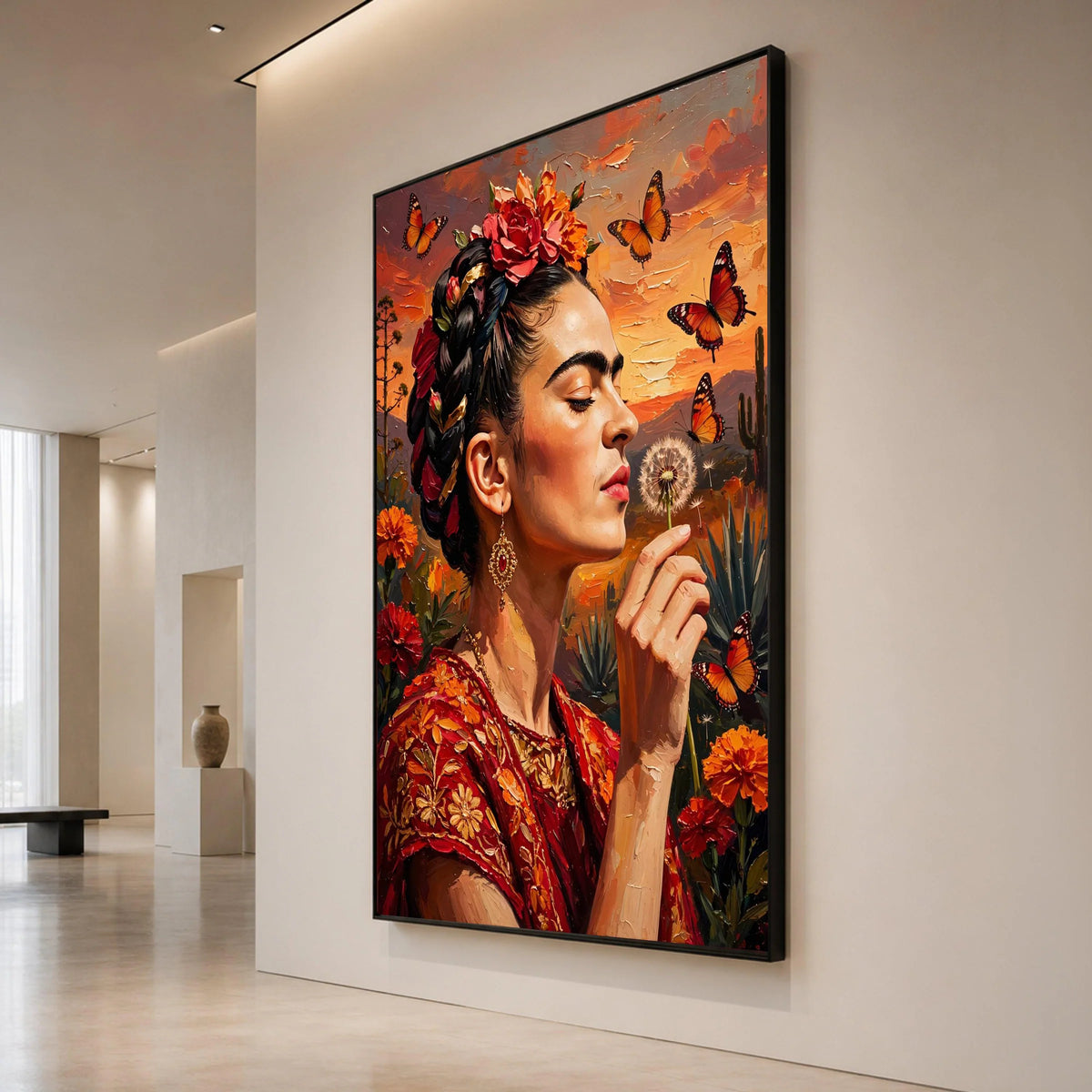 Elegant Woman with Floral Headdress and Butterflies Canvas, Sunset Portrait Wall Art, Bohemian Style Home Decoration, Canvas Print Art