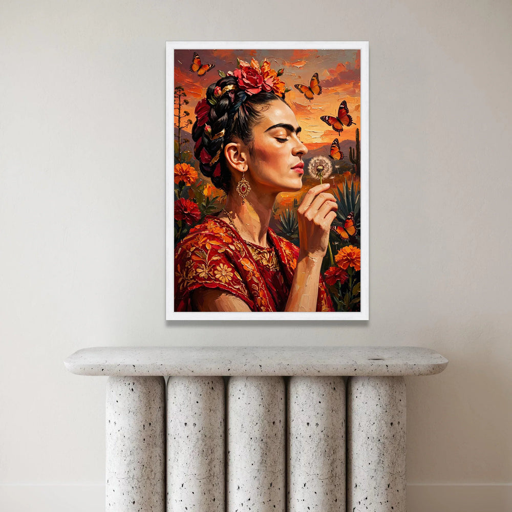 Elegant Woman with Floral Headdress and Butterflies Canvas, Sunset Portrait Wall Art, Bohemian Style Home Decoration, Canvas Print Art