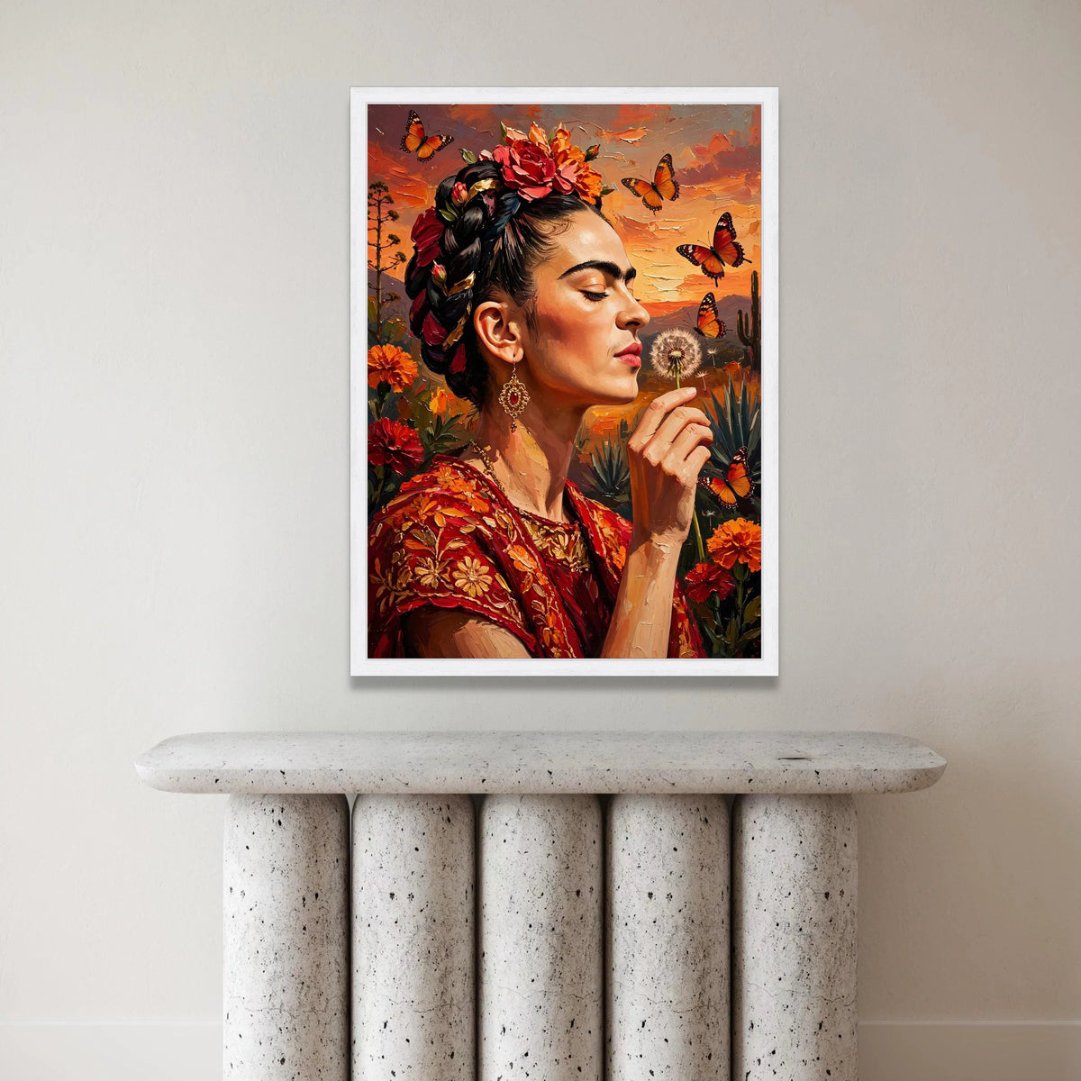 Elegant Woman with Floral Headdress and Butterflies Canvas, Sunset Portrait Wall Art, Bohemian Style Home Decoration, Canvas Print Art