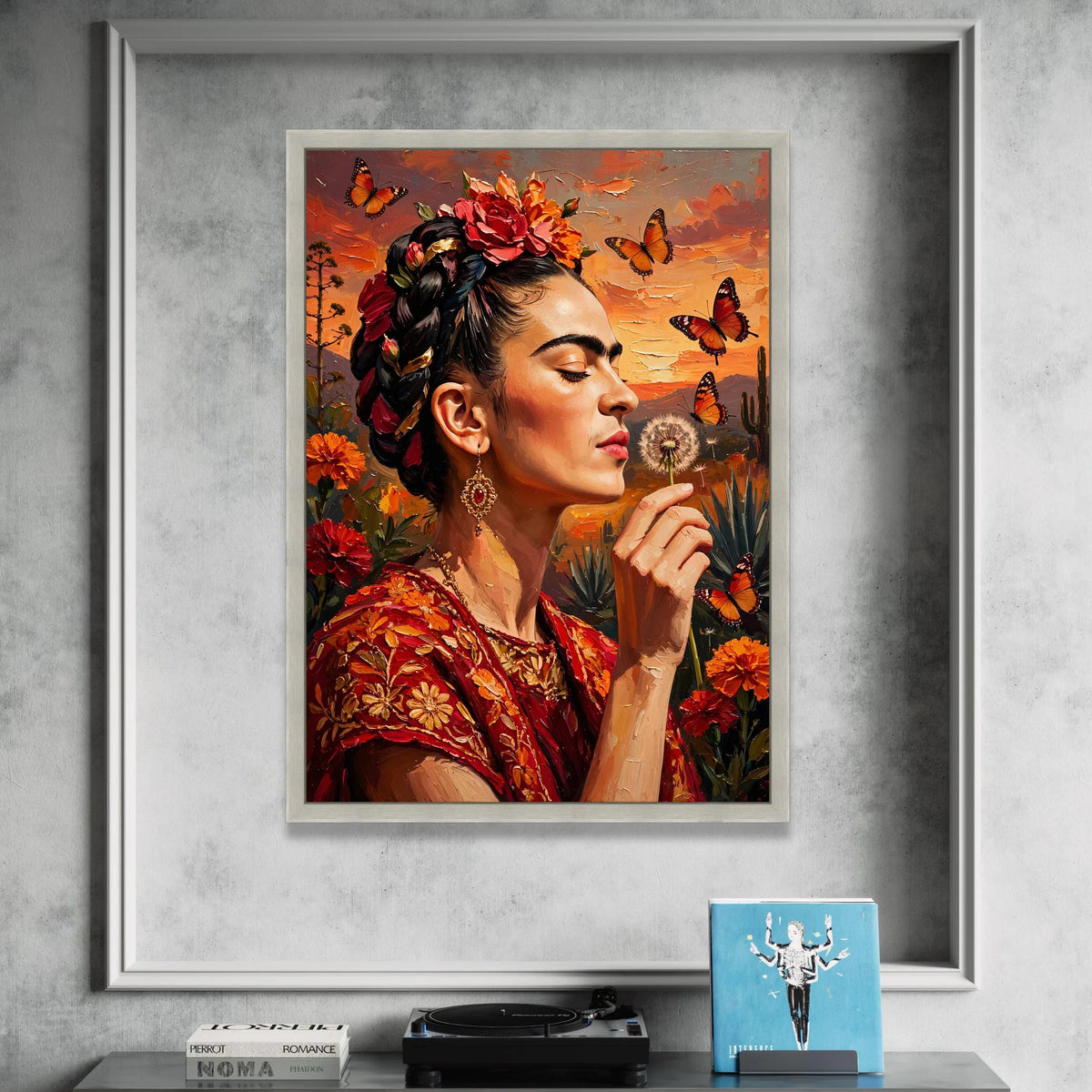 Elegant Woman with Floral Headdress and Butterflies Canvas, Sunset Portrait Wall Art, Bohemian Style Home Decoration, Canvas Print Art