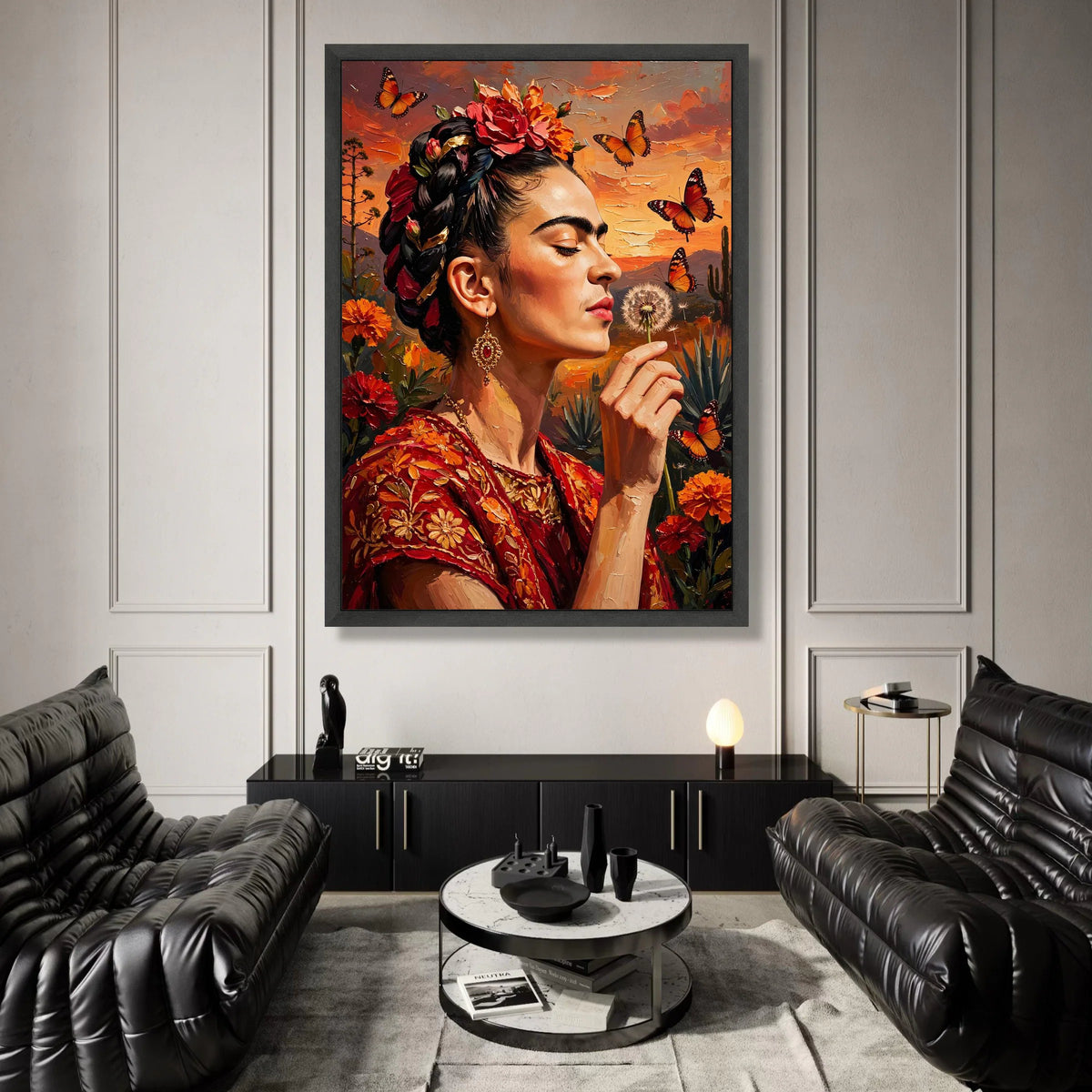 Elegant Woman with Floral Headdress and Butterflies Canvas, Sunset Portrait Wall Art, Bohemian Style Home Decoration, Canvas Print Art