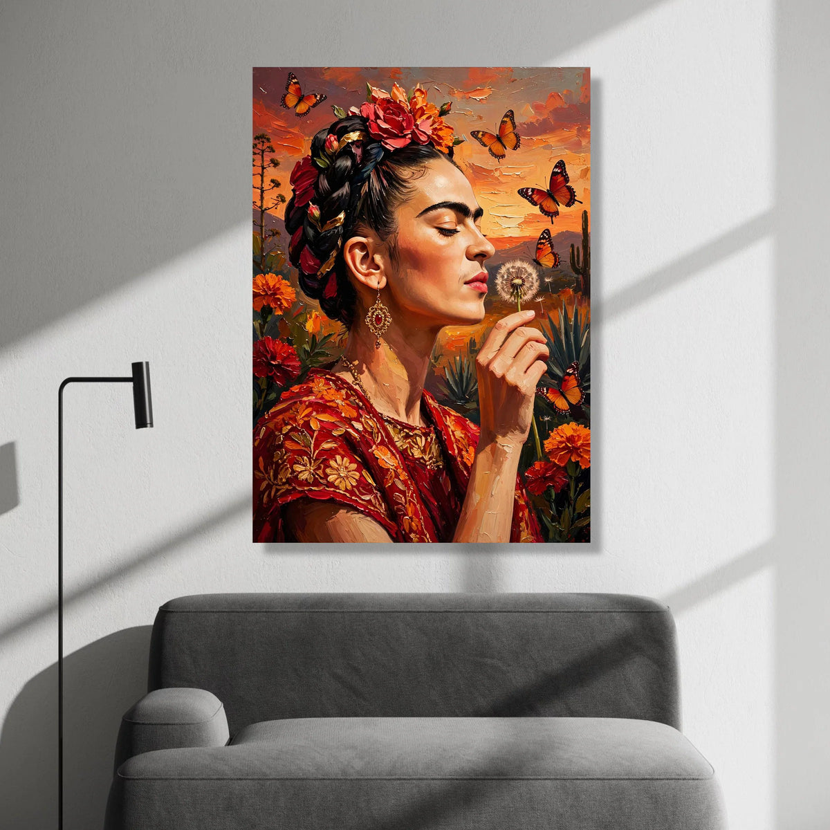 Elegant Woman with Floral Headdress and Butterflies Canvas, Sunset Portrait Wall Art, Bohemian Style Home Decoration, Canvas Print Art