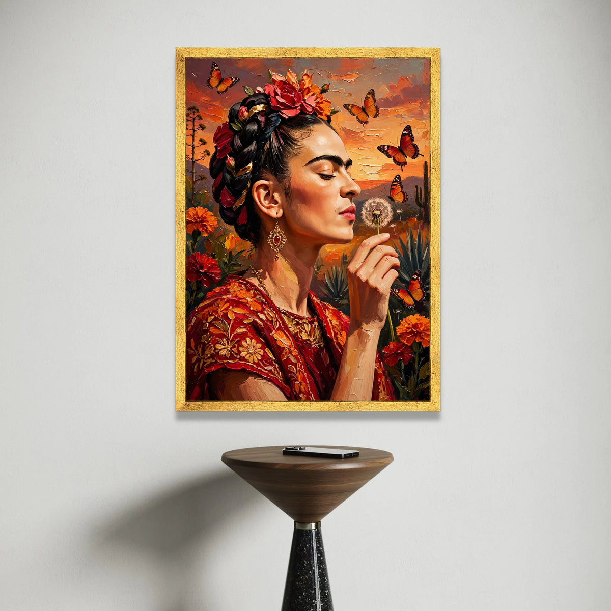 Elegant Woman with Floral Headdress and Butterflies Canvas, Sunset Portrait Wall Art, Bohemian Style Home Decoration, Canvas Print Art