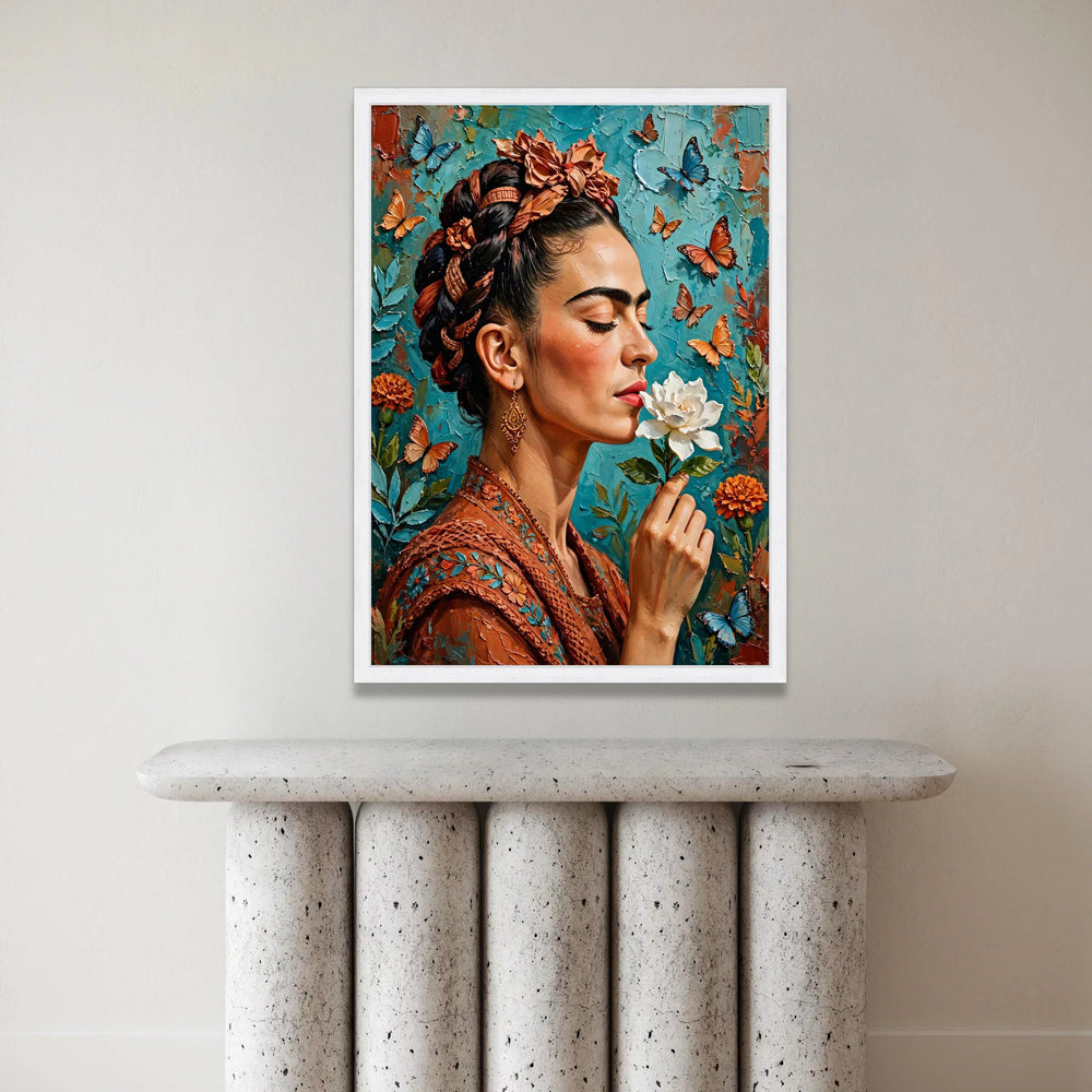Elegant Woman with Floral Crown and Butterflies Canvas, Close-Up Portrait Wall Art, Nature Home Decoration, Vibrant Color Canvas Print Art
