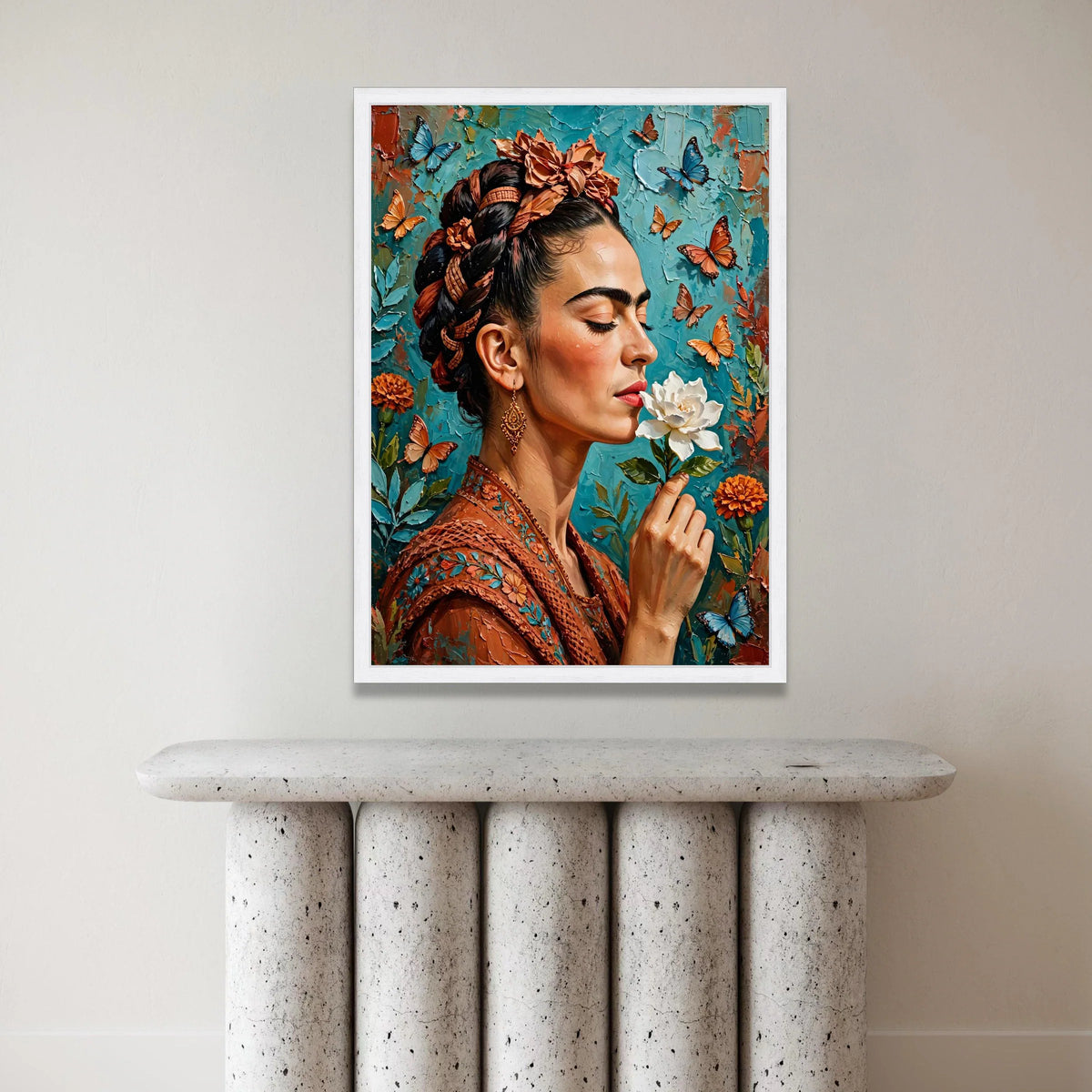 Elegant Woman with Floral Crown and Butterflies Canvas, Close-Up Portrait Wall Art, Nature Home Decoration, Vibrant Color Canvas Print Art