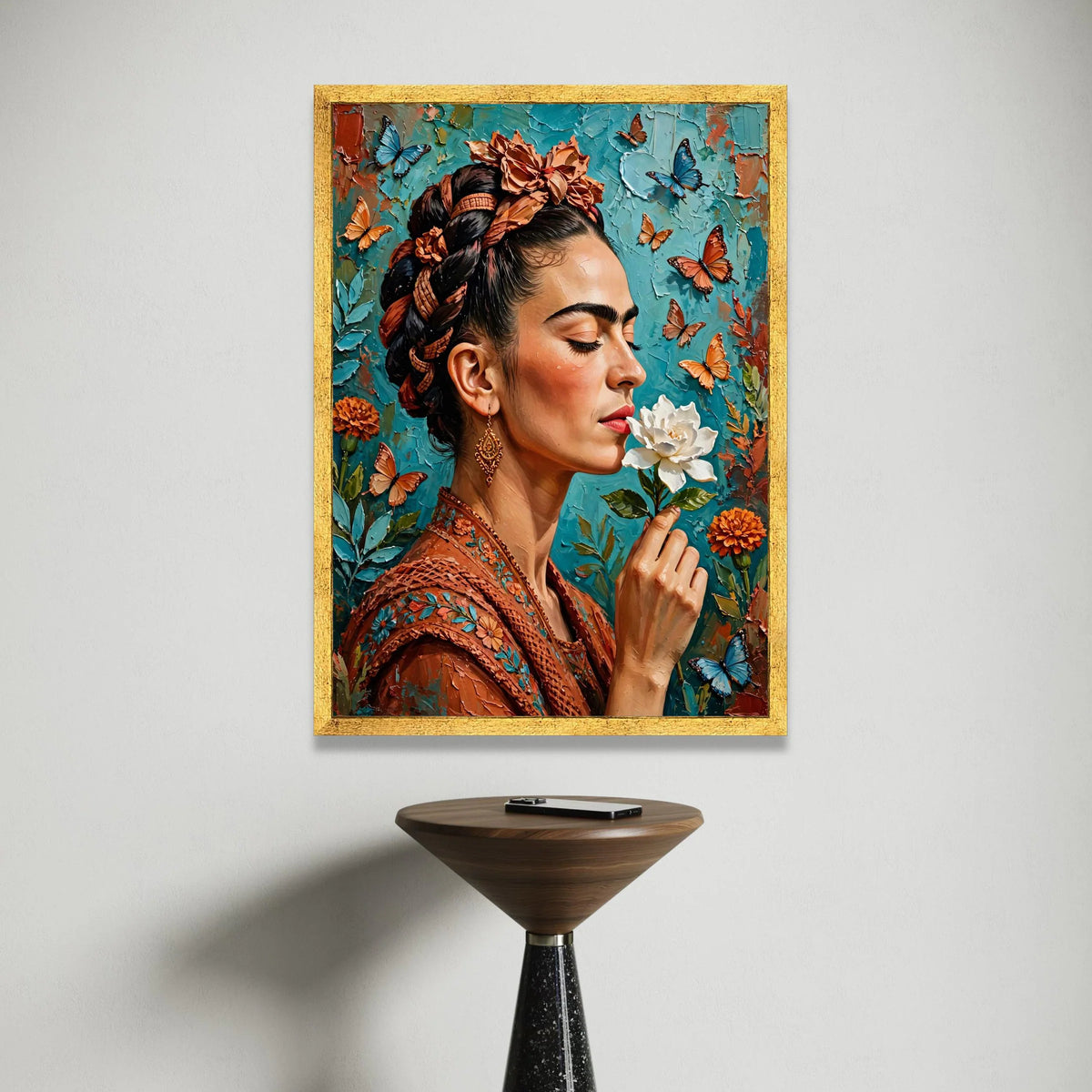 Elegant Woman with Floral Crown and Butterflies Canvas, Close-Up Portrait Wall Art, Nature Home Decoration, Vibrant Color Canvas Print Art