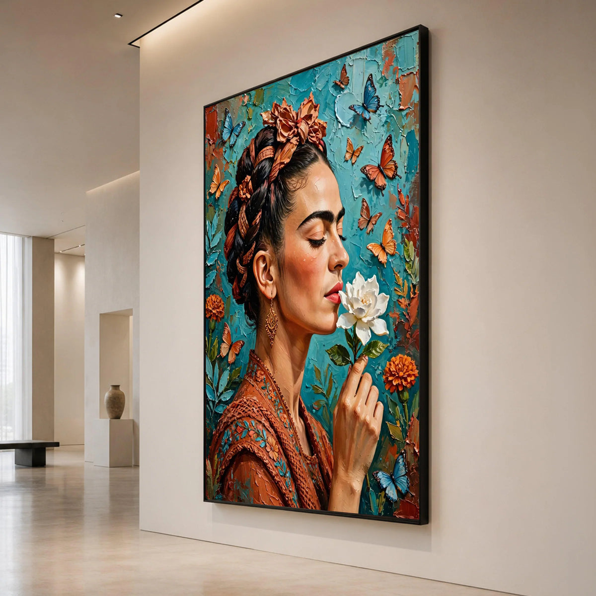 Elegant Woman with Floral Crown and Butterflies Canvas, Close-Up Portrait Wall Art, Nature Home Decoration, Vibrant Color Canvas Print Art