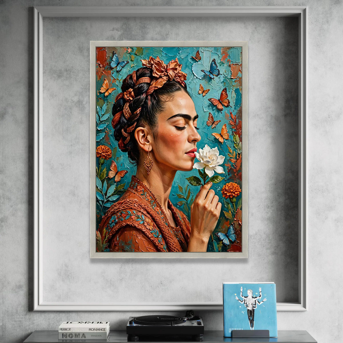 Elegant Woman with Floral Crown and Butterflies Canvas, Close-Up Portrait Wall Art, Nature Home Decoration, Vibrant Color Canvas Print Art
