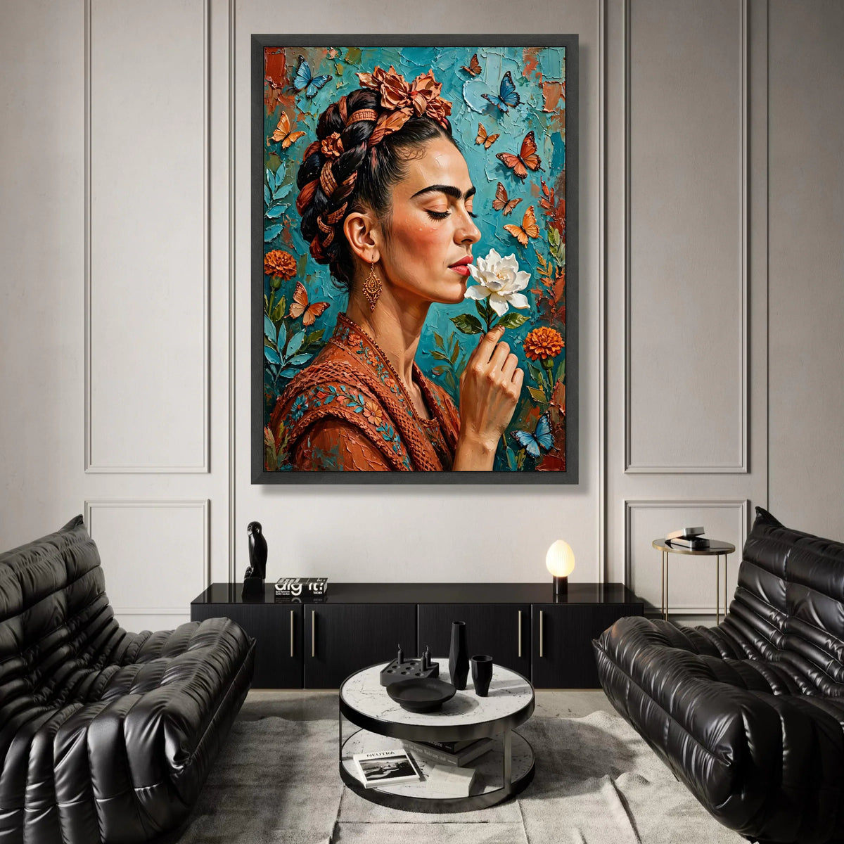 Elegant Woman with Floral Crown and Butterflies Canvas, Close-Up Portrait Wall Art, Nature Home Decoration, Vibrant Color Canvas Print Art