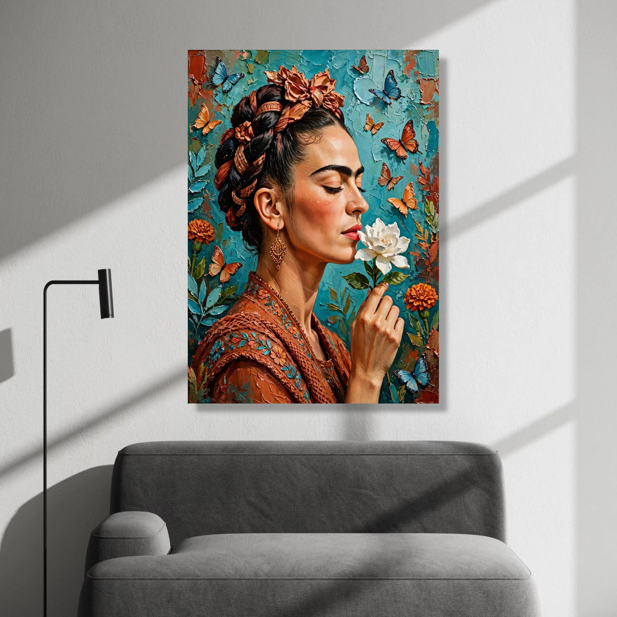 Elegant Woman with Floral Crown and Butterflies Canvas, Close-Up Portrait Wall Art, Nature Home Decoration, Vibrant Color Canvas Print Art