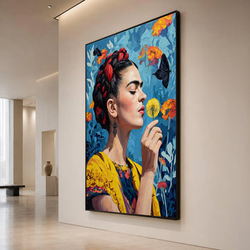 Elegant Woman with Yellow Flower Canvas, Butterfly and Floral Background, Colorful Portrait Wall Art, Modern Home Canvas Print Art
