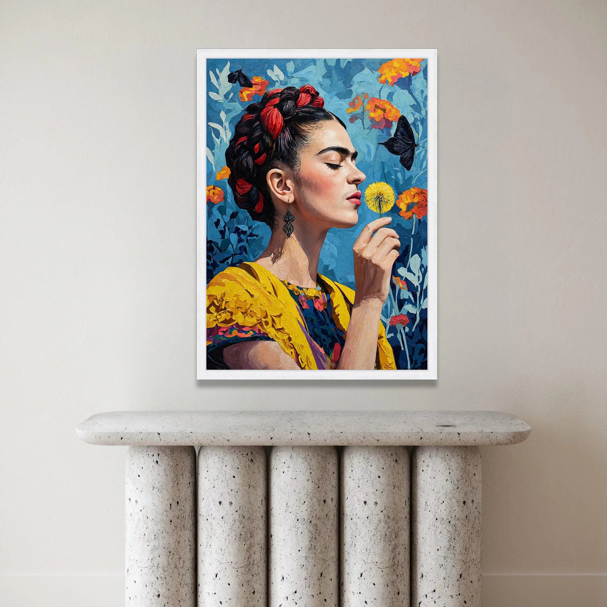 Elegant Woman with Yellow Flower Canvas, Butterfly and Floral Background, Colorful Portrait Wall Art, Modern Home Canvas Print Art