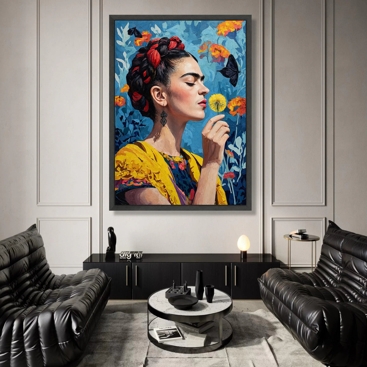 Elegant Woman with Yellow Flower Canvas, Butterfly and Floral Background, Colorful Portrait Wall Art, Modern Home Canvas Print Art
