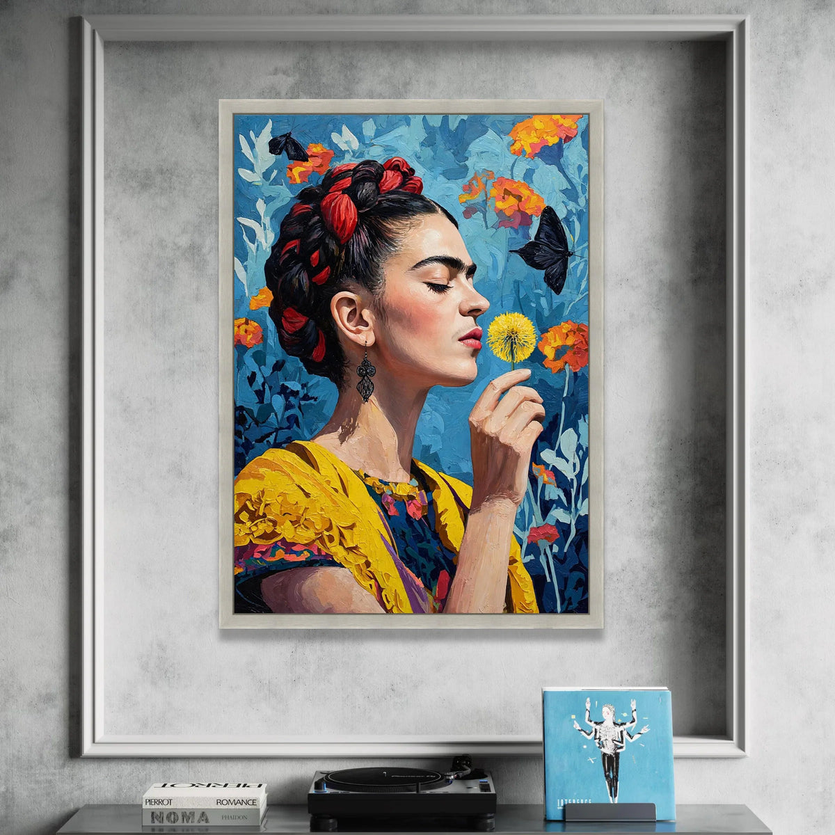 Elegant Woman with Yellow Flower Canvas, Butterfly and Floral Background, Colorful Portrait Wall Art, Modern Home Canvas Print Art