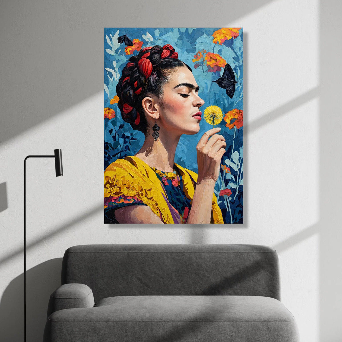 Elegant Woman with Yellow Flower Canvas, Butterfly and Floral Background, Colorful Portrait Wall Art, Modern Home Canvas Print Art