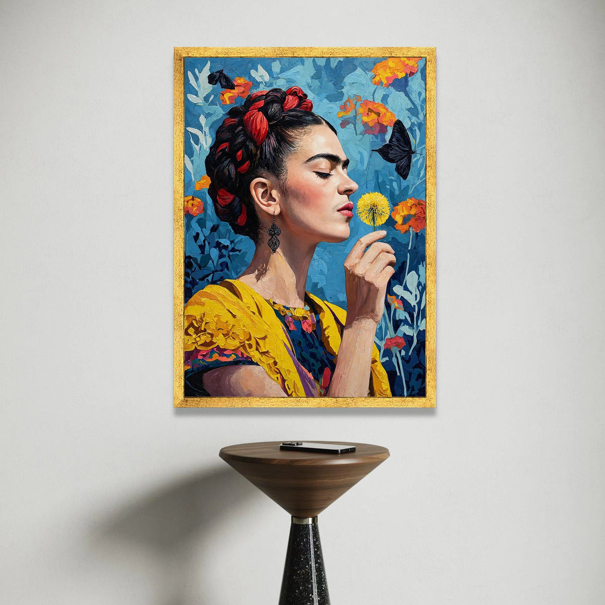 Elegant Woman with Yellow Flower Canvas, Butterfly and Floral Background, Colorful Portrait Wall Art, Modern Home Canvas Print Art