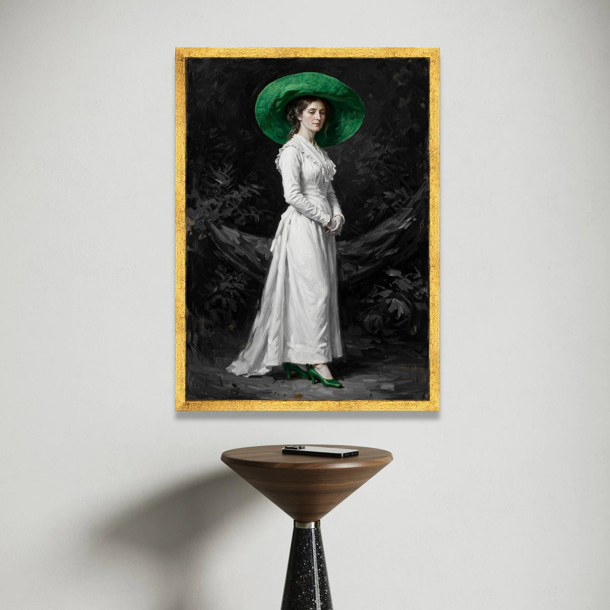 Elegant Victorian Woman with Green Hat and Shoes Canvas Wall Art, Classic Portrait Painting, Vintage Fashion Home Decor, Canvas Print Art
